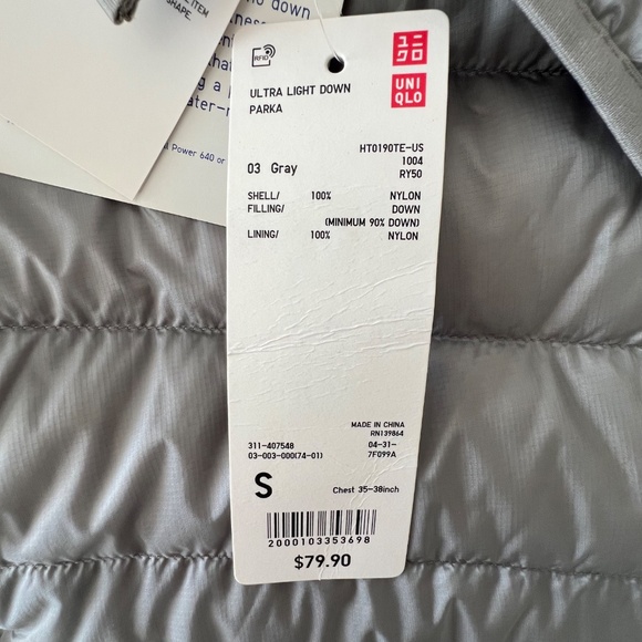 🌸NWT  Uniqlo Ultra Light Gray  Down Puff Jacket Men’s Parka unisex - Picture 9 of 10